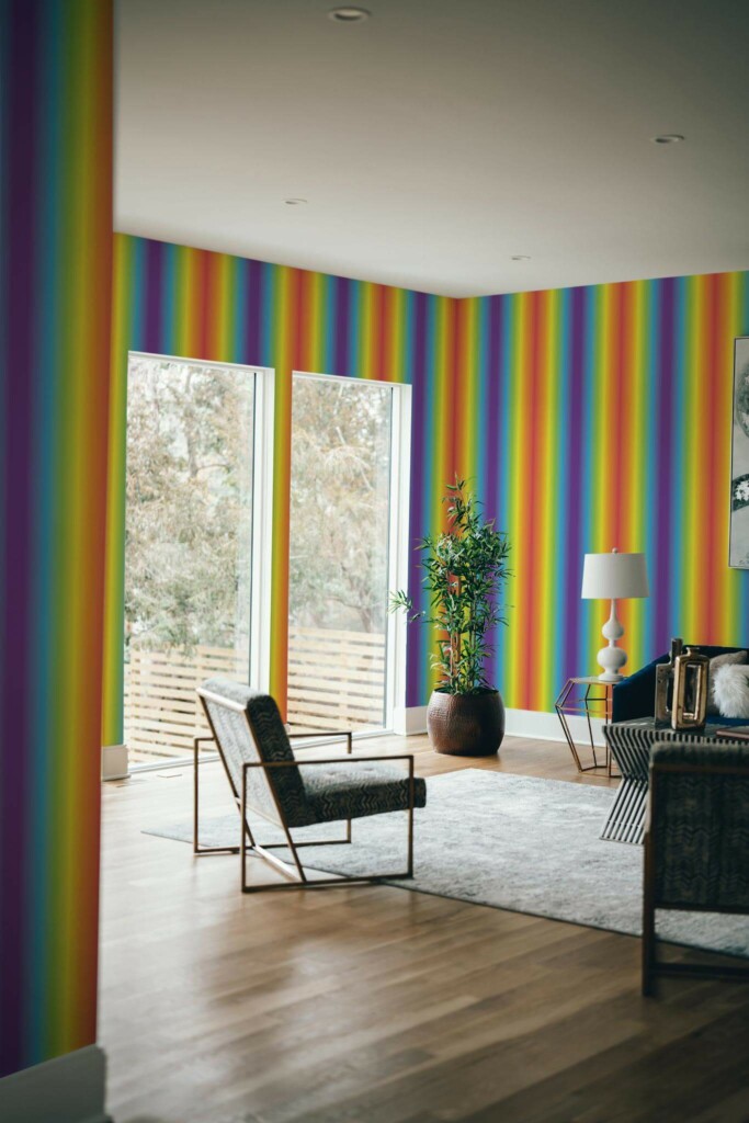 Modern style living room decorated with Gradient rainbow peel and stick wallpaper