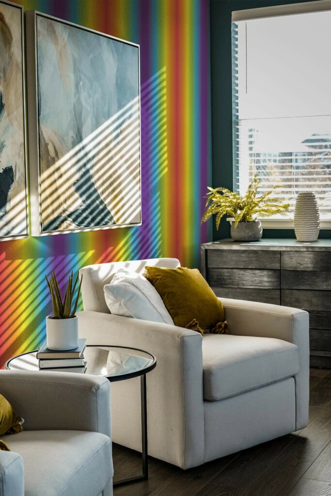 Shabby chic style living room decorated with Gradient rainbow peel and stick wallpaper