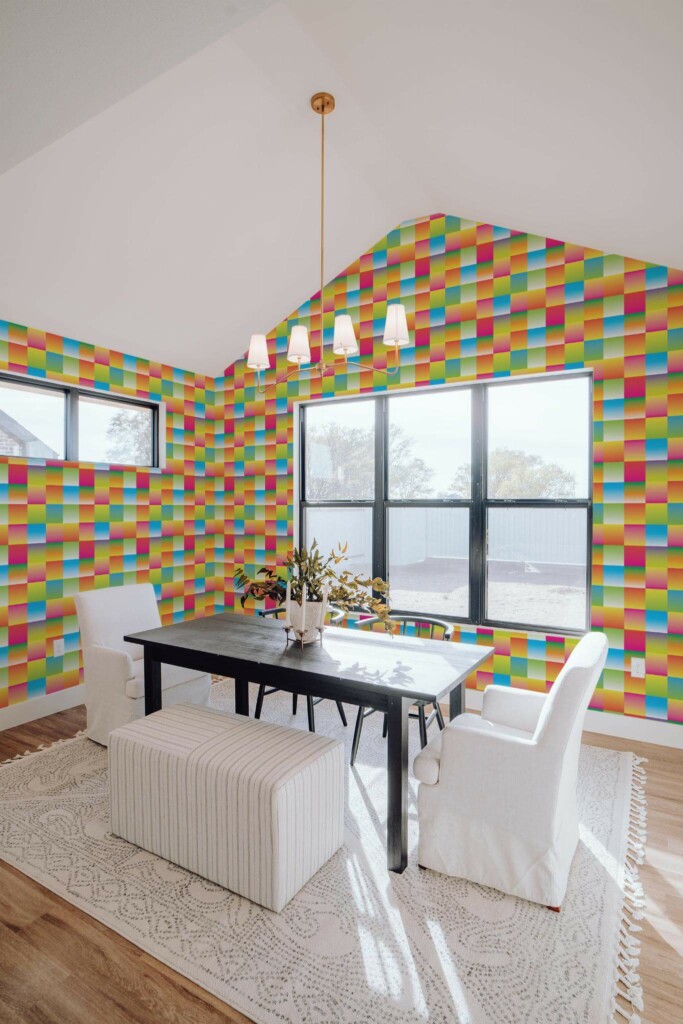 Elegant minimal style dining room decorated with Gradient squares peel and stick wallpaper