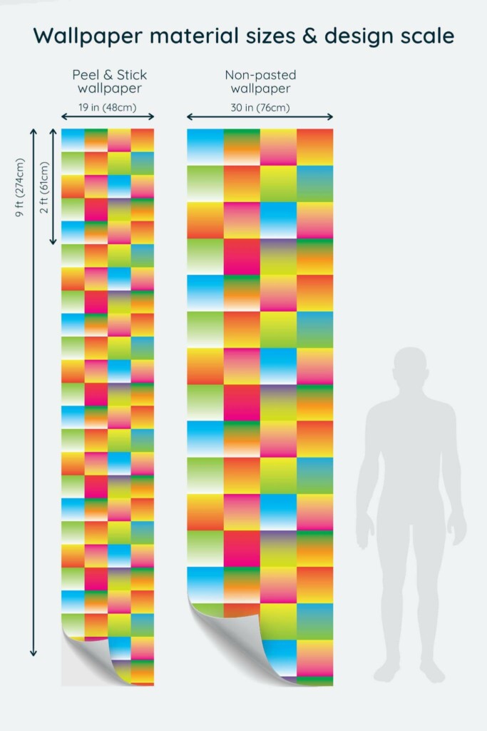 Size comparison of Gradient squares Peel & Stick and Non-pasted wallpapers with design scale relative to human figure