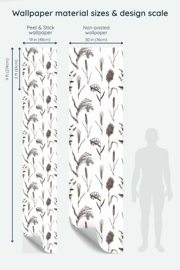 Size comparison of Grain Peel & Stick and Non-pasted wallpapers with design scale relative to human figure