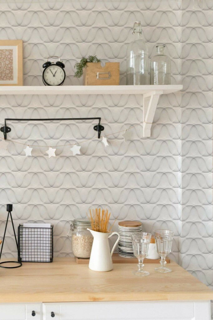 Light farmhouse style kitchen decorated with Gray abstract circles peel and stick wallpaper