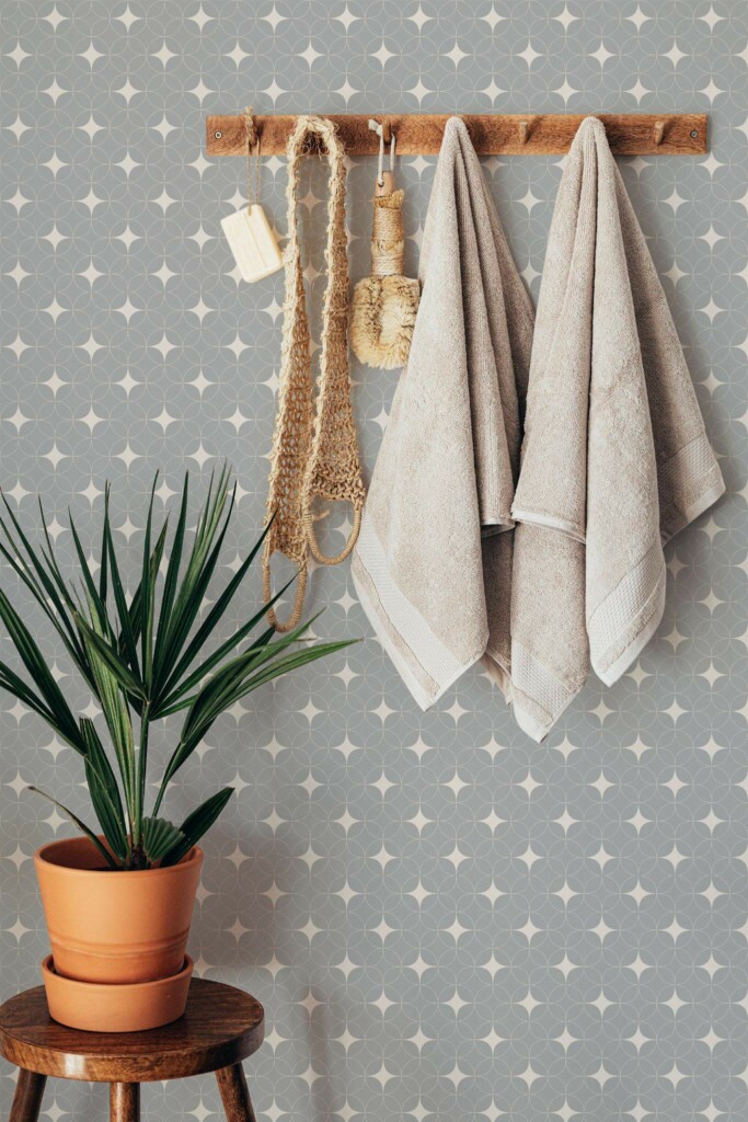 Boho style bathroom decorated with Gray and beige retro geometric peel and stick wallpaper