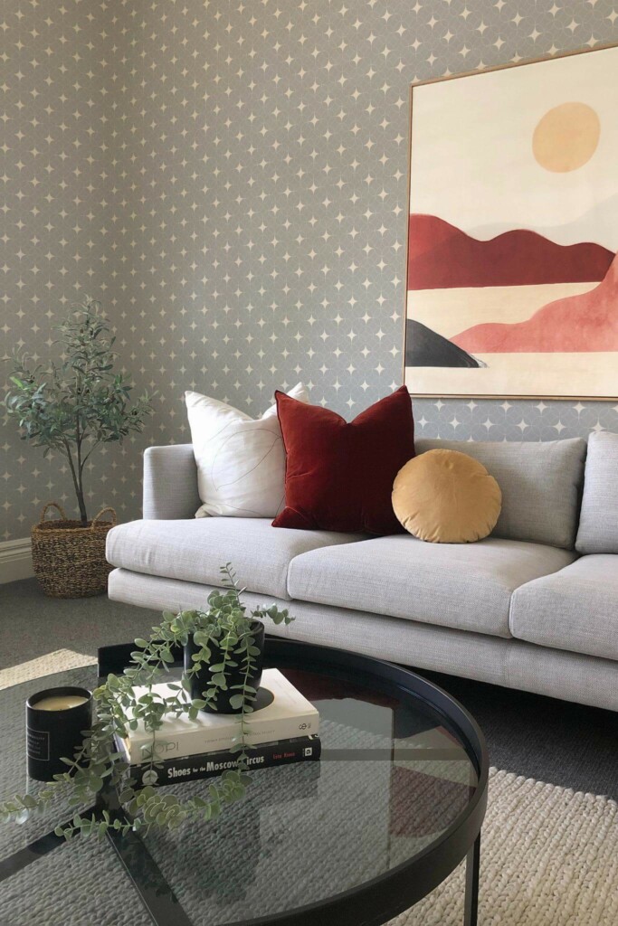 Boho style living room decorated with Gray and beige retro geometric peel and stick wallpaper