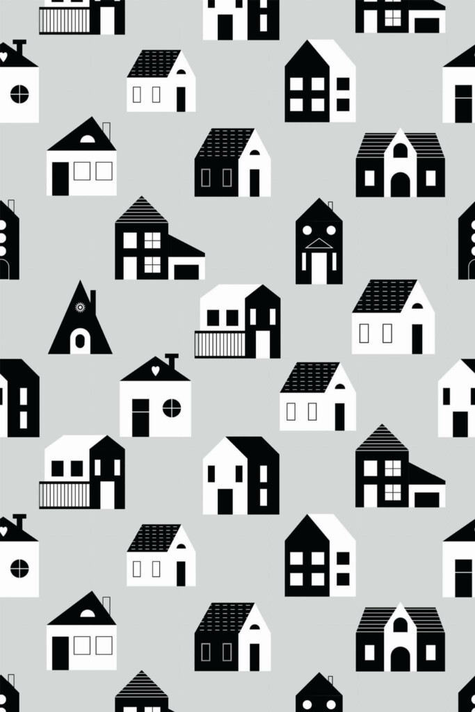 Pattern repeat of Gray and black & white house removable wallpaper design
