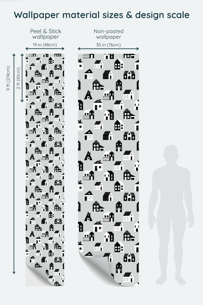 Size comparison of Gray and black & white house Peel & Stick and Non-pasted wallpapers with design scale relative to human figure
