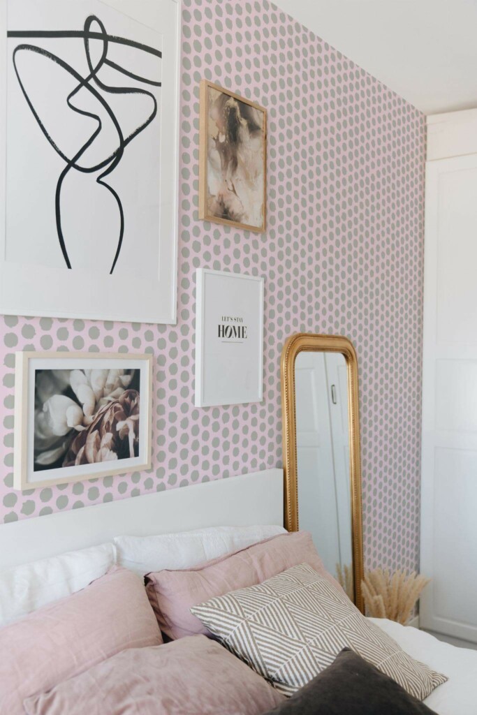 Bohemian style bedroom decorated with Gray and pink polka dots peel and stick wallpaper