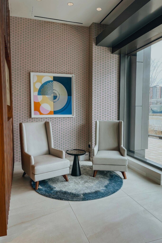 Mid-century-modern style living room decorated with Gray and pink polka dots peel and stick wallpaper