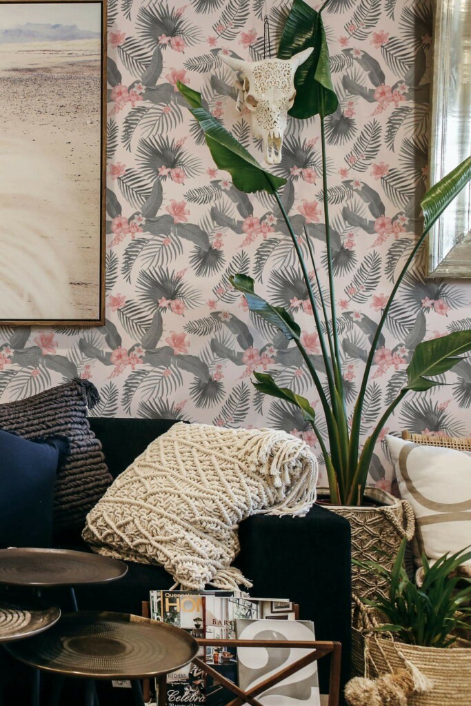 Scandinavian style living room decorated with Gray and pink tropical peel and stick wallpaper