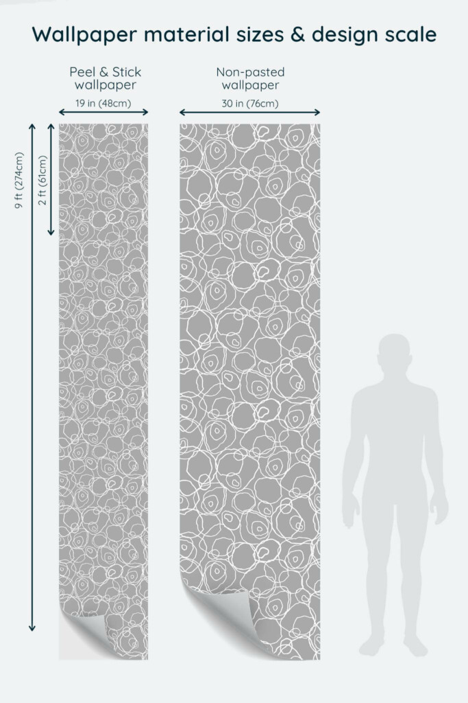 Size comparison of Gray and white abstract circle Peel & Stick and Non-pasted wallpapers with design scale relative to human figure