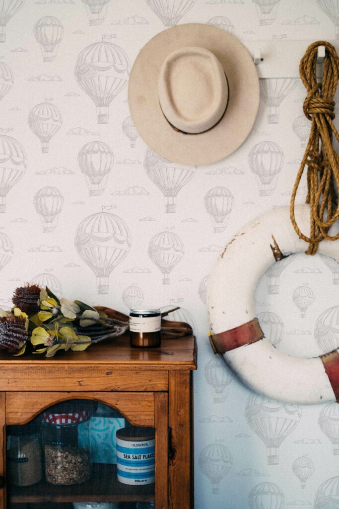 Coastal nautical style living room decorated with Gray and white air balloon peel and stick wallpaper