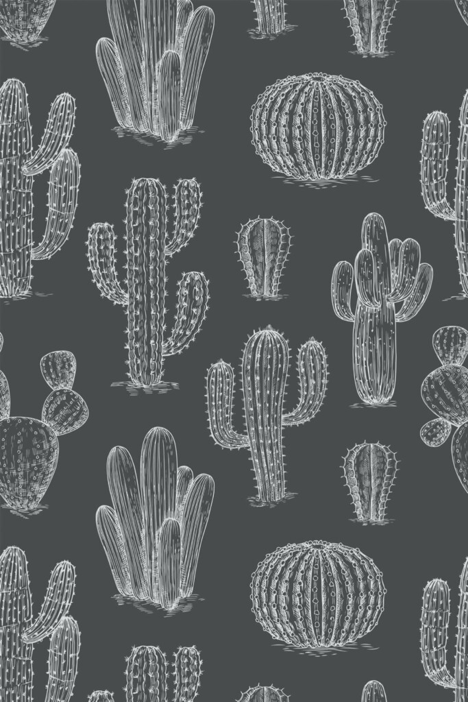 Pattern repeat of Gray and white cactus removable wallpaper design