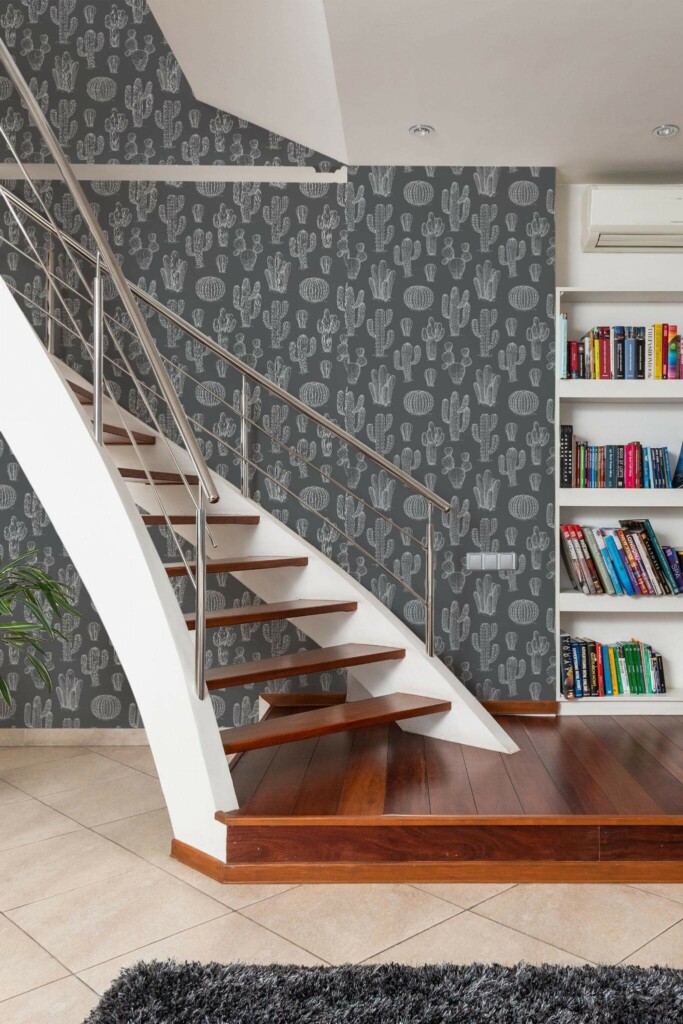 Modern style hallway with stairs decorated with Gray and white cactus peel and stick wallpaper