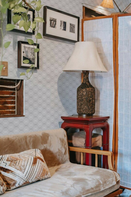 Southwestern style living room decorated with Gray and white circle peel and stick wallpaper