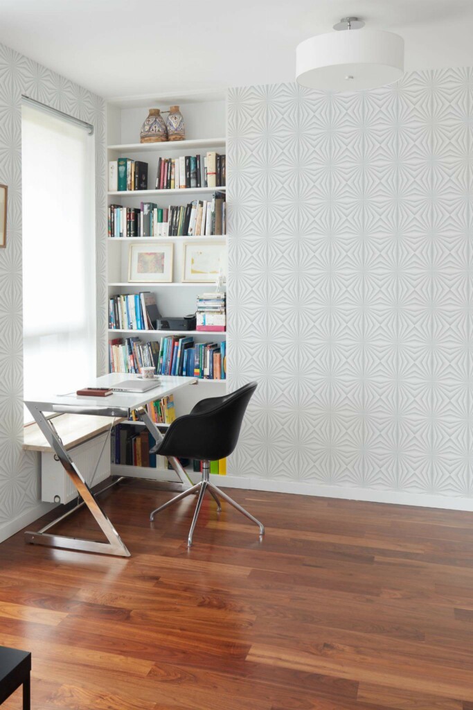 Minimal style home office decorated with Gray and white geometric peel and stick wallpaper