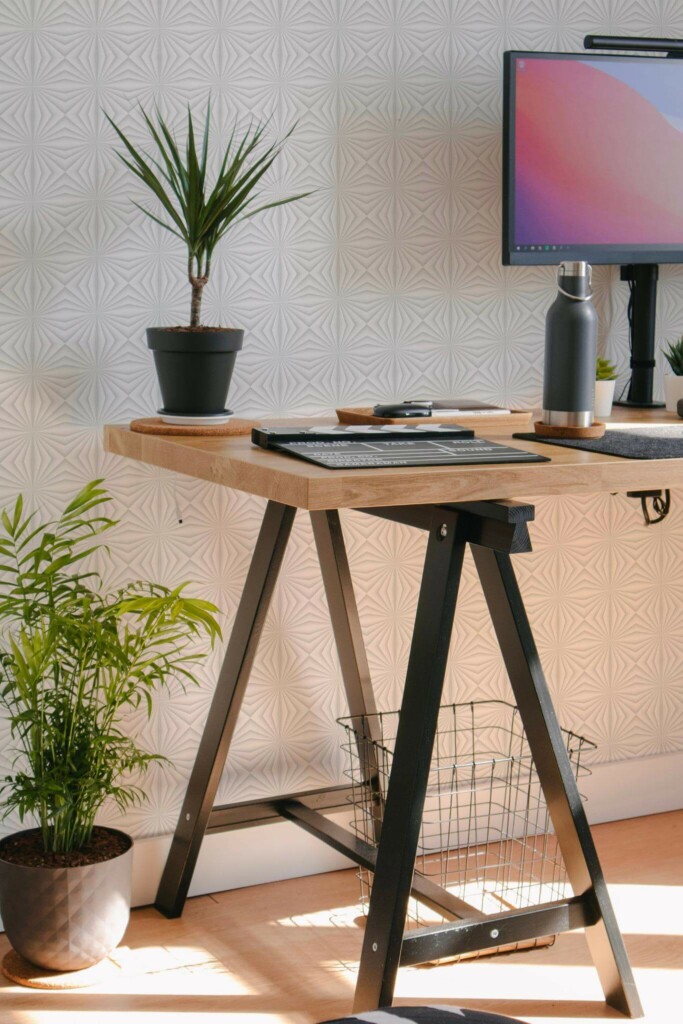 Scandinavian style home office decorated with Gray and white geometric peel and stick wallpaper