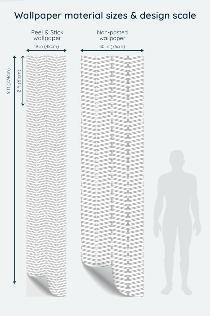 Size comparison of Gray and white herringbone Peel & Stick and Non-pasted wallpapers with design scale relative to human figure