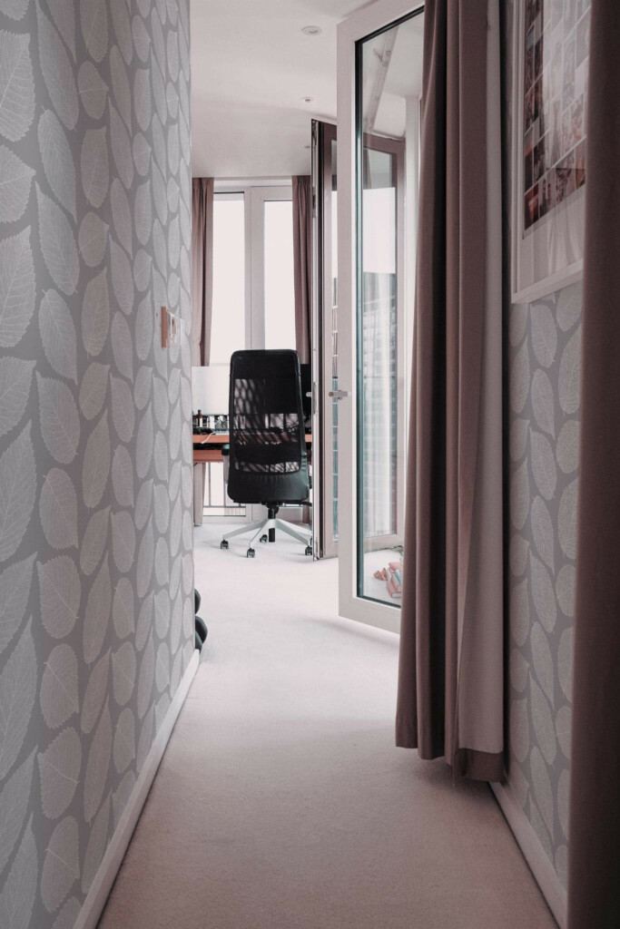 Modern scandinavian style hallway decorated with Gray and white leaf peel and stick wallpaper