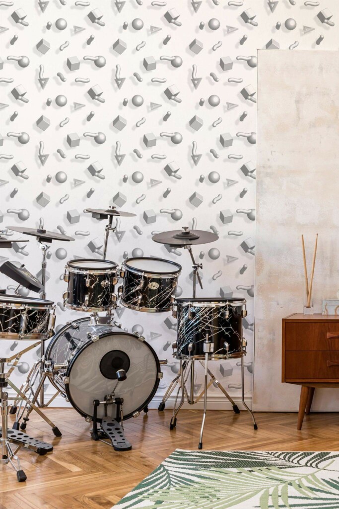 Mid-century style music room decorated with Gray and white memphis peel and stick wallpaper
