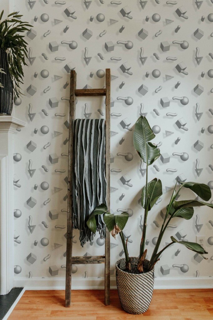 Scandinavian style living room decorated with Gray and white memphis peel and stick wallpaper