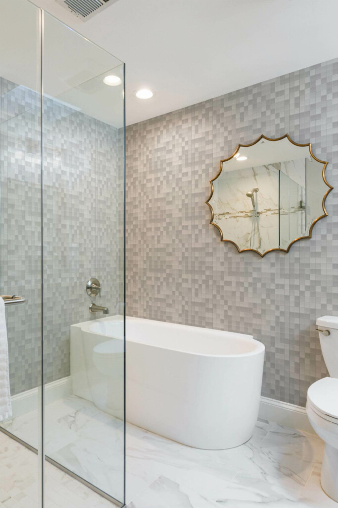 Minimal modern style bathroom decorated with Gray and white mosaic peel and stick wallpaper