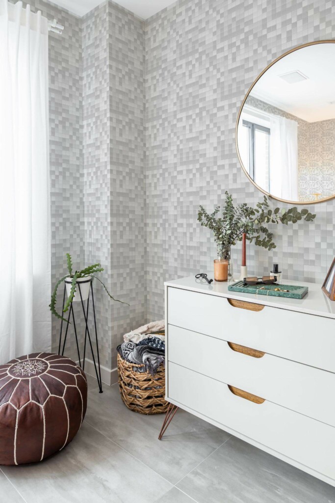 Scandinavian style bedroom decorated with Gray and white mosaic peel and stick wallpaper and Mediterranean accents