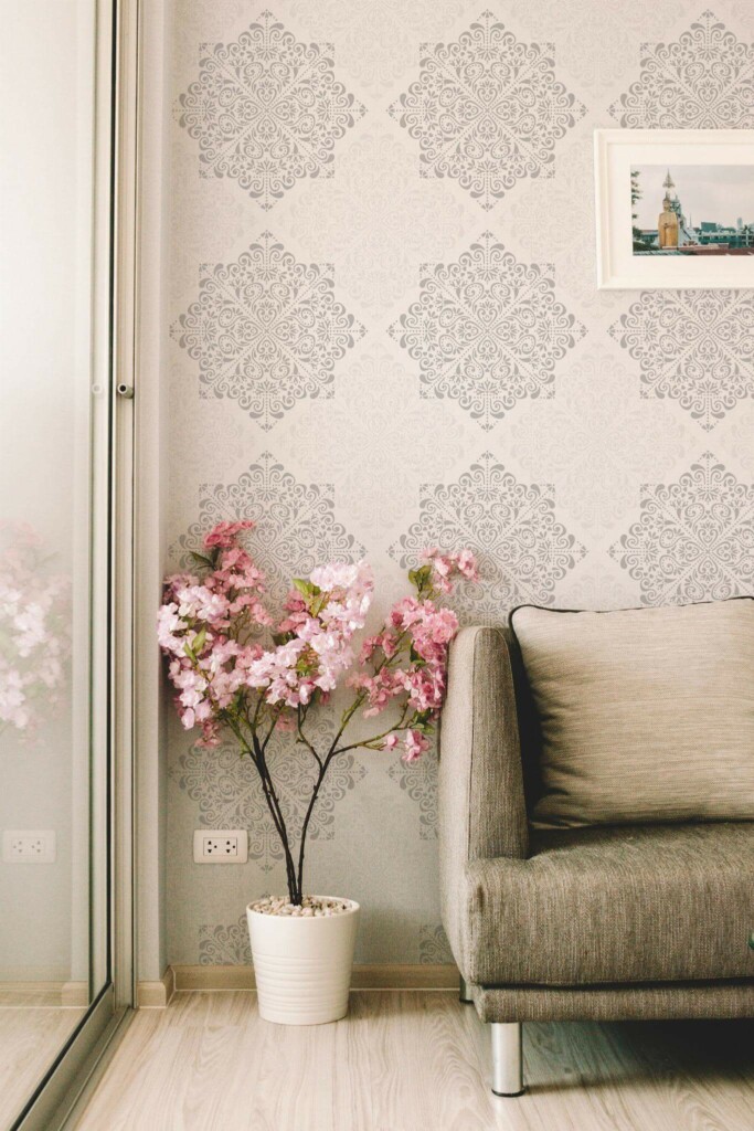 Modern farmhouse style living room decorated with Gray and white ornamental peel and stick wallpaper