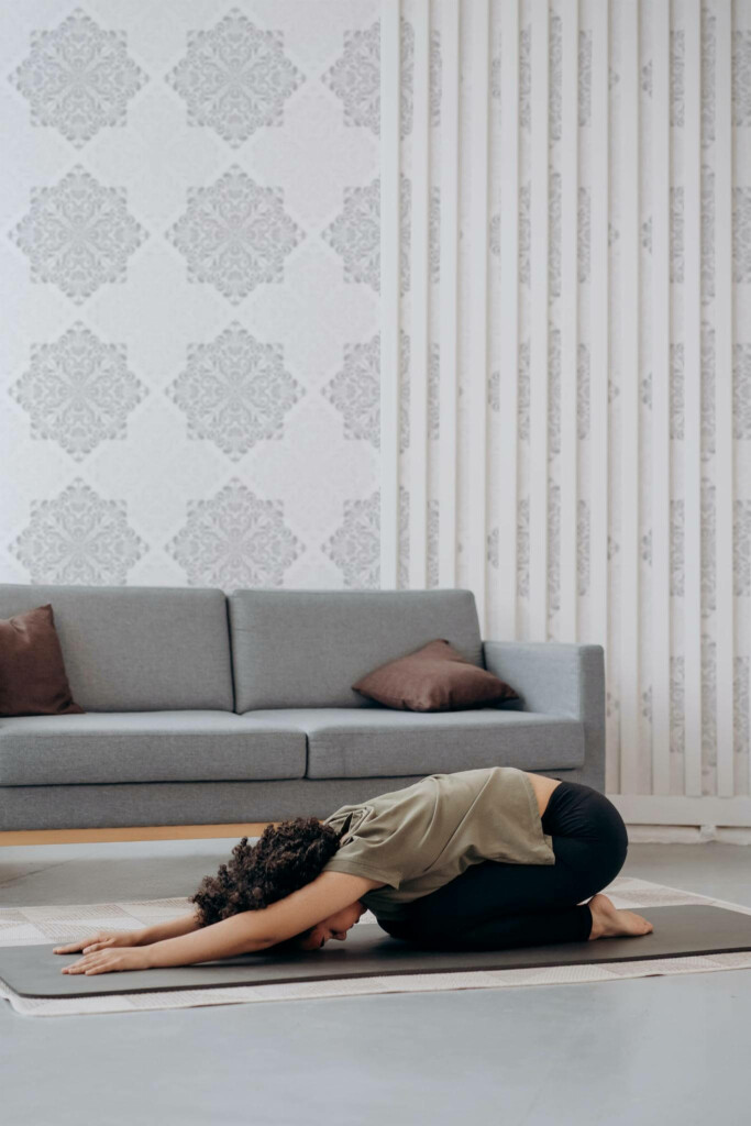 Modern Minimal style yoga room decorated with Gray and white ornamental peel and stick wallpaper