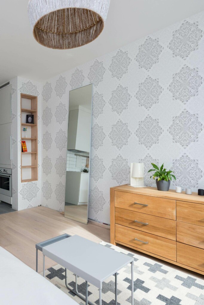 Scandinavian style small apartment decorated with Gray and white ornamental peel and stick wallpaper