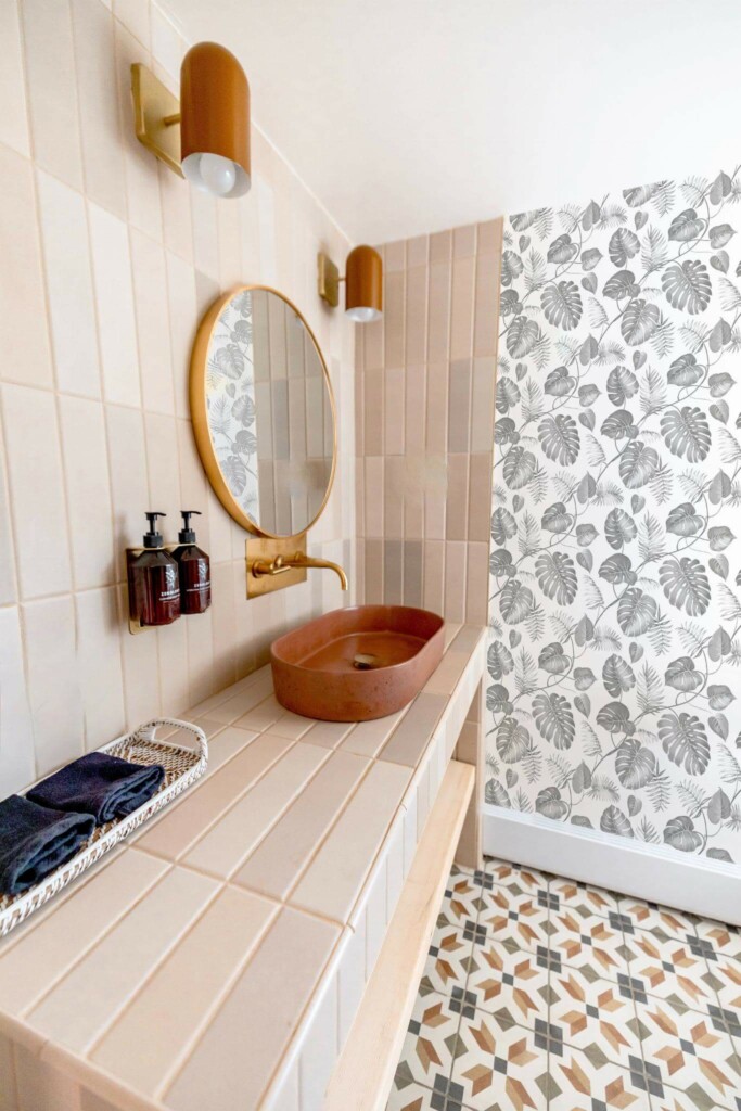 Rustic style bathroom decorated with Gray and white tropical leaf peel and stick wallpaper