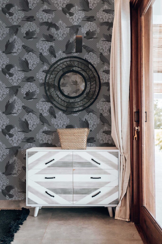 Traditional wallpaper with ravens and damask background by Fancy Walls