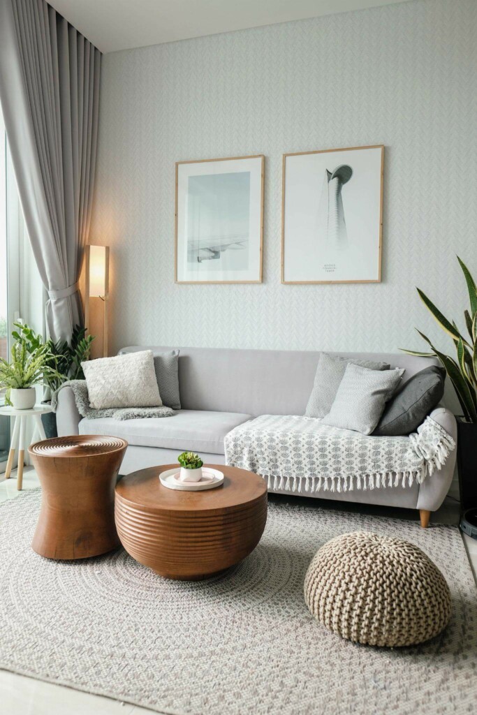 Modern scandinavian style living room decorated with Gray braid peel and stick wallpaper and green plants