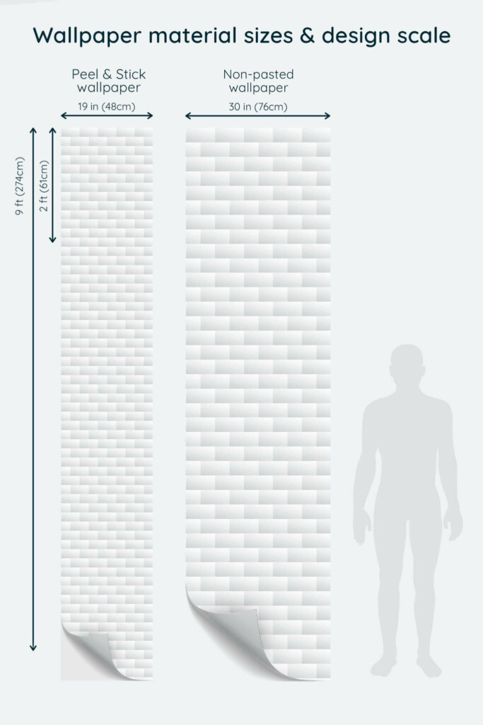 Size comparison of Gray brick pattern Peel & Stick and Non-pasted wallpapers with design scale relative to human figure