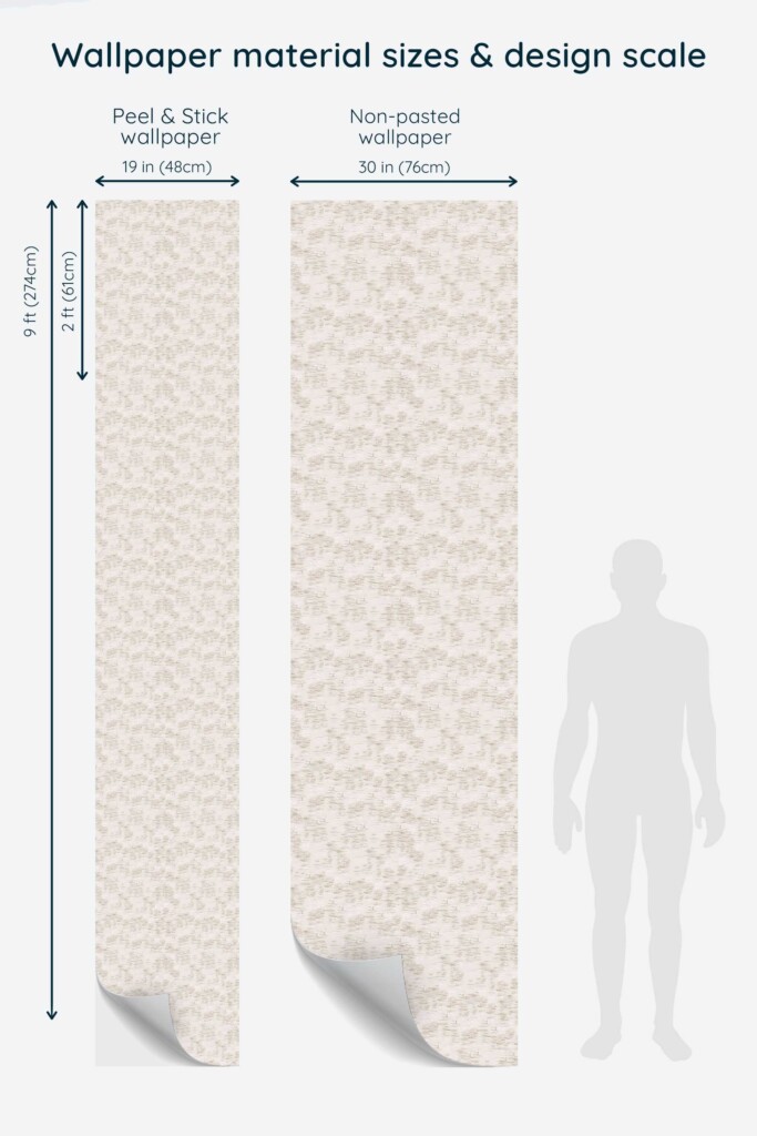 Full wallpaper panel preview showing a vertical repeat of the Aesthetic Spa Brushstrokes wallpaper in gray and beige tones. The abstract pattern is displayed to scale, suitable for spa walls, bathrooms, or any calming space needing a light and modern artistic touch.