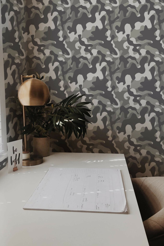 Rustic style home office decorated with Gray camouflage peel and stick wallpaper