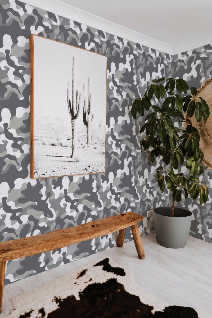 Scandinavian style entryway decorated with Gray camouflage peel and stick wallpaper