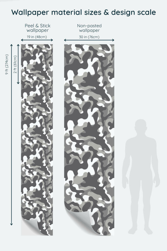 Size comparison of Gray camouflage Peel & Stick and Non-pasted wallpapers with design scale relative to human figure