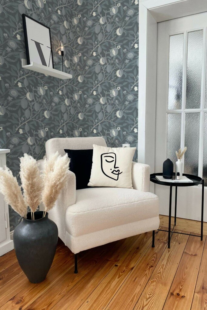 Modern boho style living room decorated with Gray citrus peel and stick wallpaper