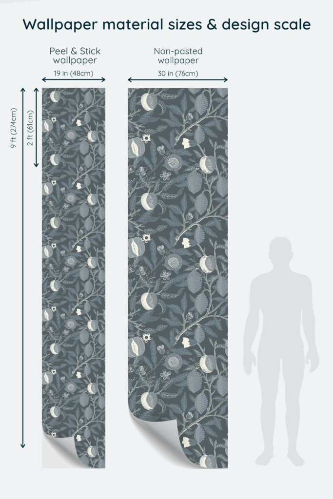 Size comparison of Gray citrus Peel & Stick and Non-pasted wallpapers with design scale relative to human figure