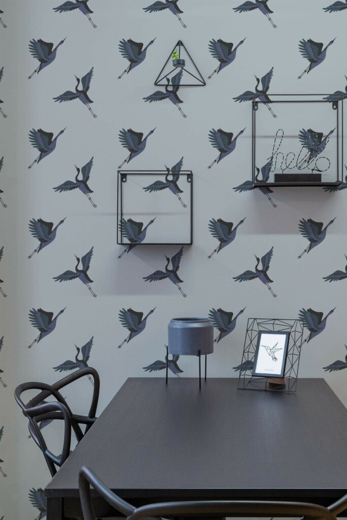 Industrial modern style dining room decorated with Gray crane bird peel and stick wallpaper