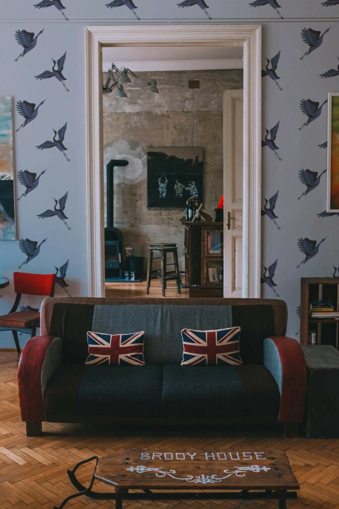 Industrial rustic style living dining room decorated with Gray crane bird peel and stick wallpaper