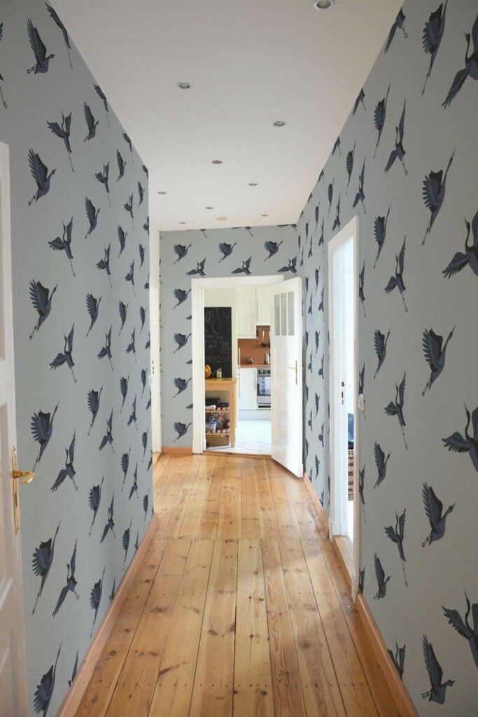 Minimal farmhouse style hallway decorated with Gray crane bird peel and stick wallpaper