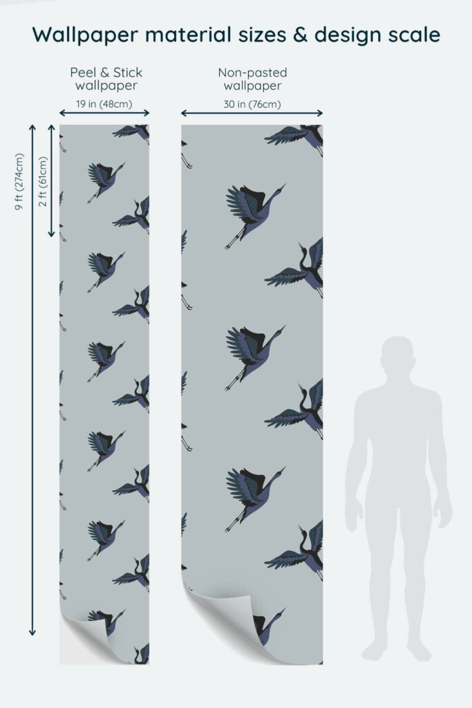 Size comparison of Gray crane bird Peel & Stick and Non-pasted wallpapers with design scale relative to human figure