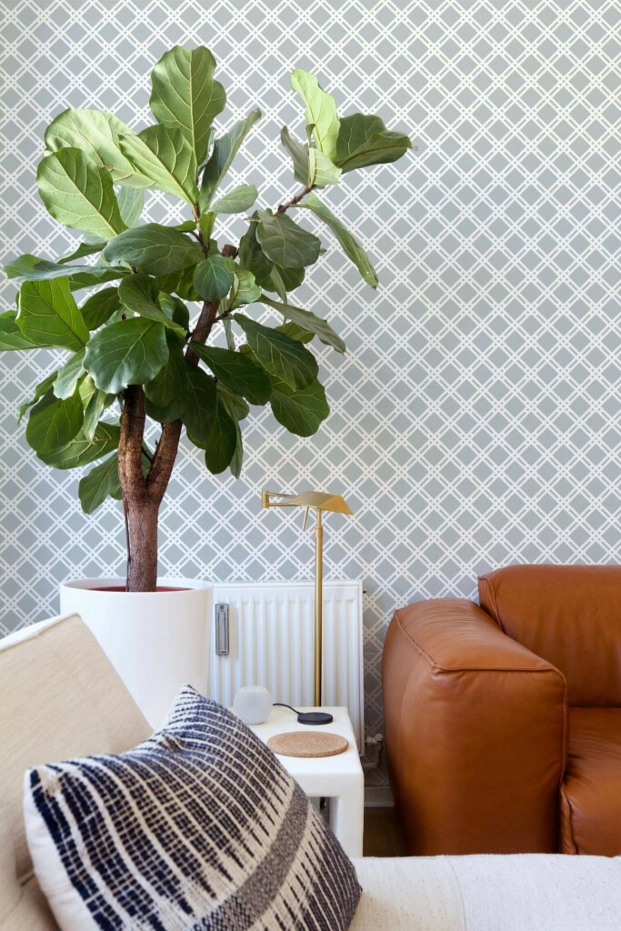 Mid-century style living room decorated with Gray crisscross peel and stick wallpaper