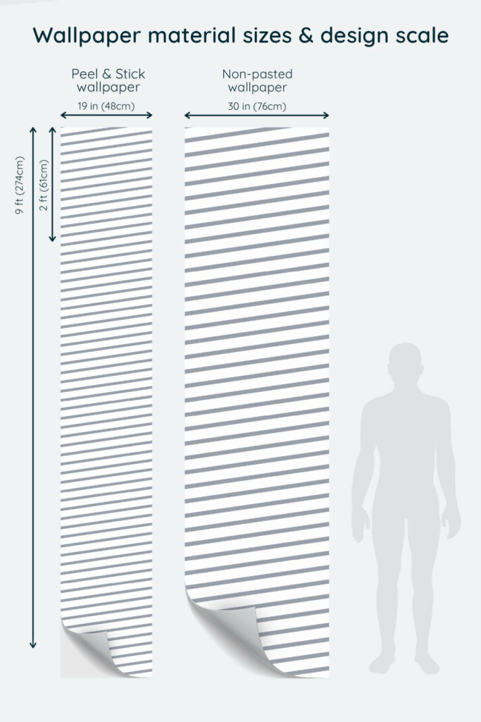 Size comparison of Gray diagonal broken lines Peel & Stick and Non-pasted wallpapers with design scale relative to human figure