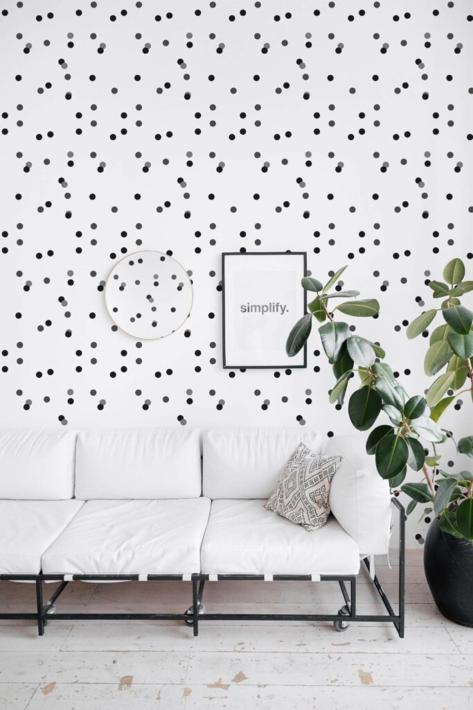 Minimal industrial style living room decorated with Gray dots peel and stick wallpaper