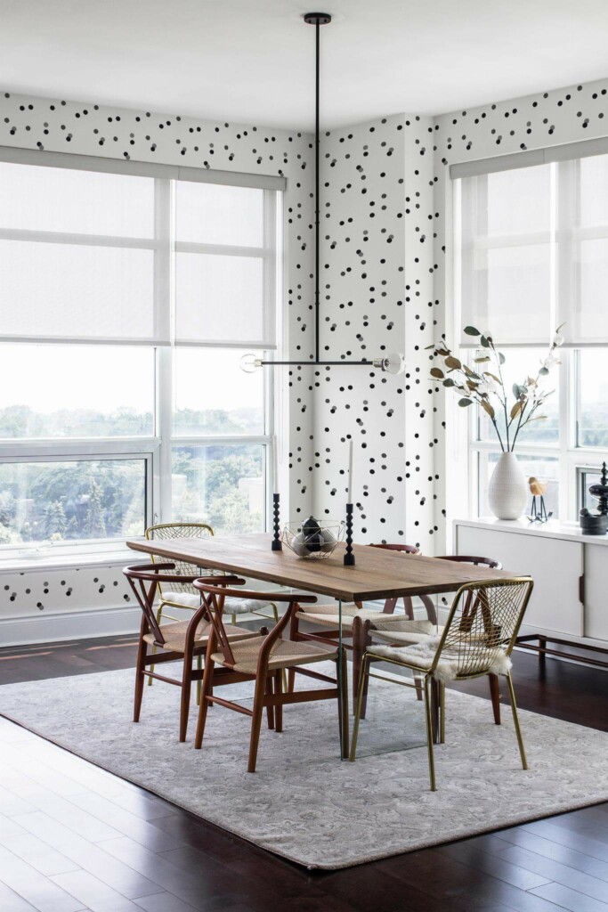Modern minimalist style dining room decorated with Gray dots peel and stick wallpaper