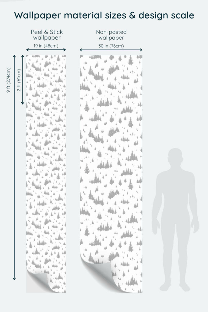 Size comparison of Gray fir tree Peel & Stick and Non-pasted wallpapers with design scale relative to human figure