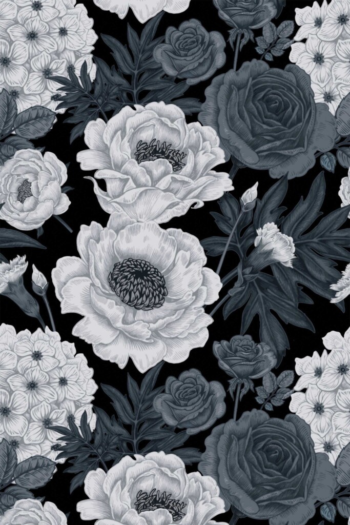 Fancy Walls Gray Floral wallpaper for Dining room walls in Botanical style peel and stick wallpaper.