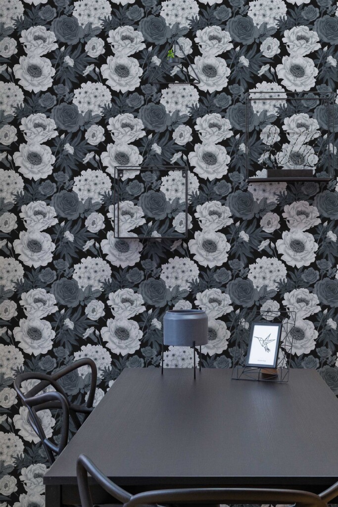 Fancy Walls Gray Floral wallpaper for Dining room walls in Botanical style removable wallpaper.